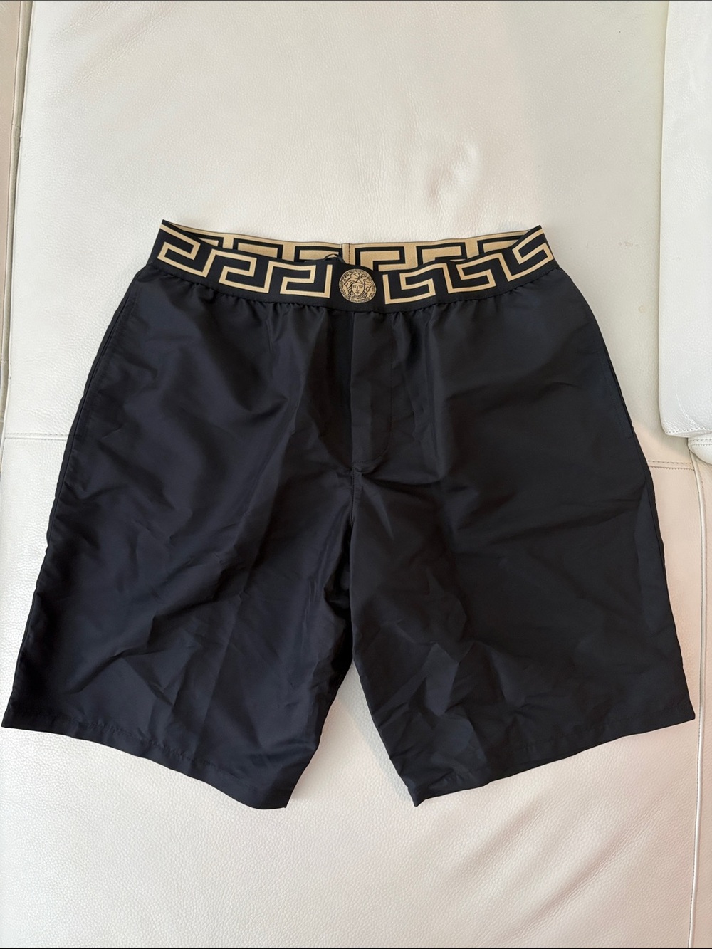 Versace Black Swim Shorts with Gold Greek Key Waistband and Medallion